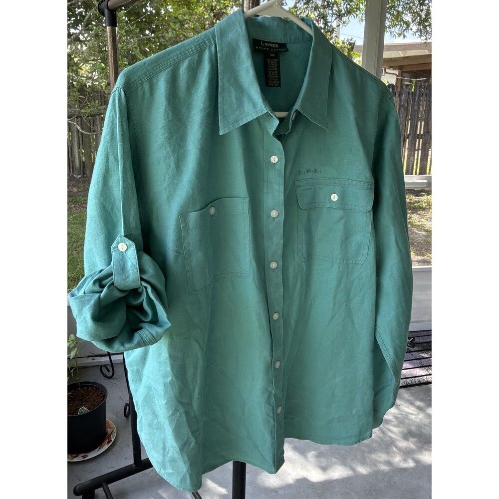 Lauren Ralph Lauren Sz 2X 100% Linen Button Down Teal Roll Tab Lightweight COMFY